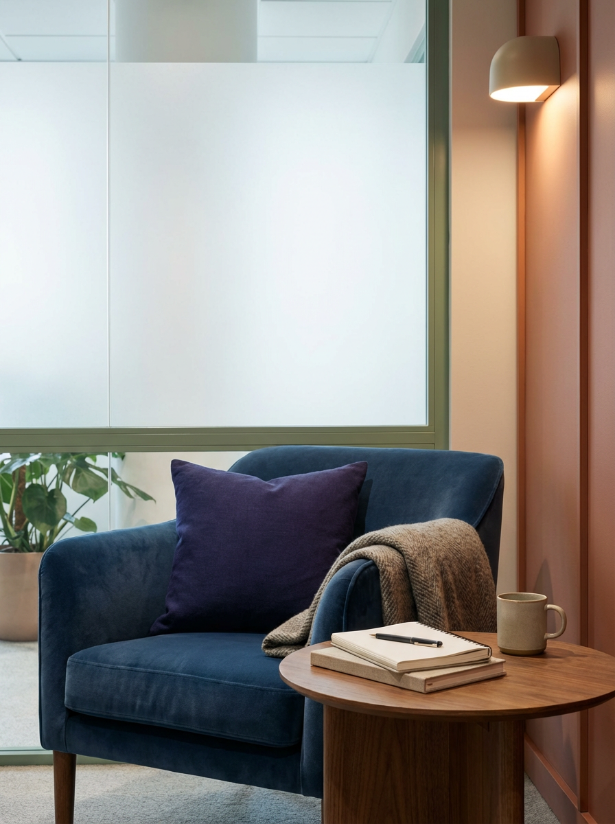 A calm, sunlit therapy room with a navy armchair